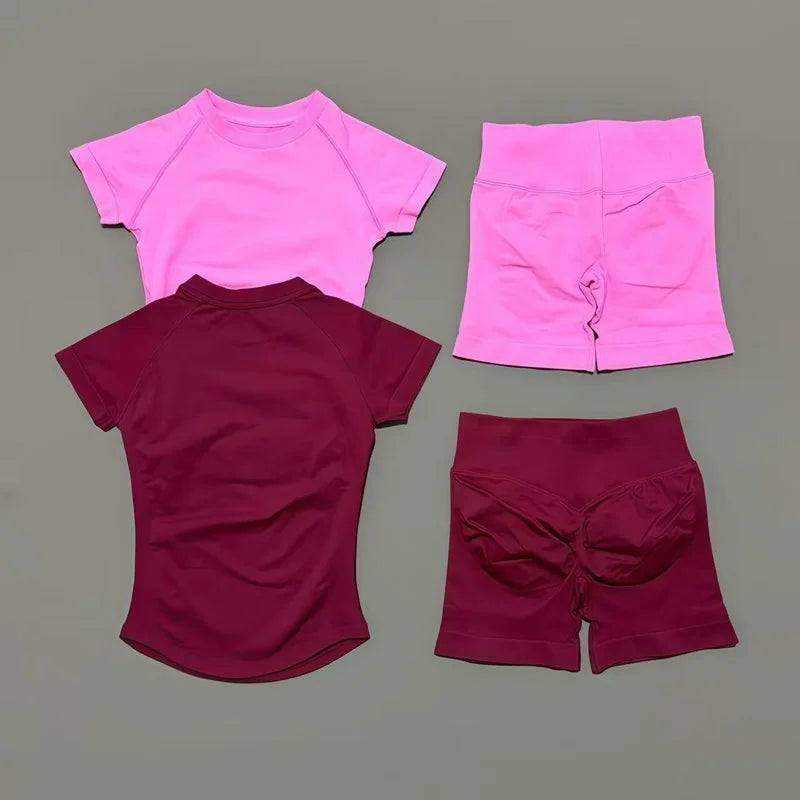 2 Piece Sports Set Women Gym Yoga Set Seamless Fitness Gym Clothes Sportswear Short Sleeve Top Sports Short Leggings Suit - ATFH