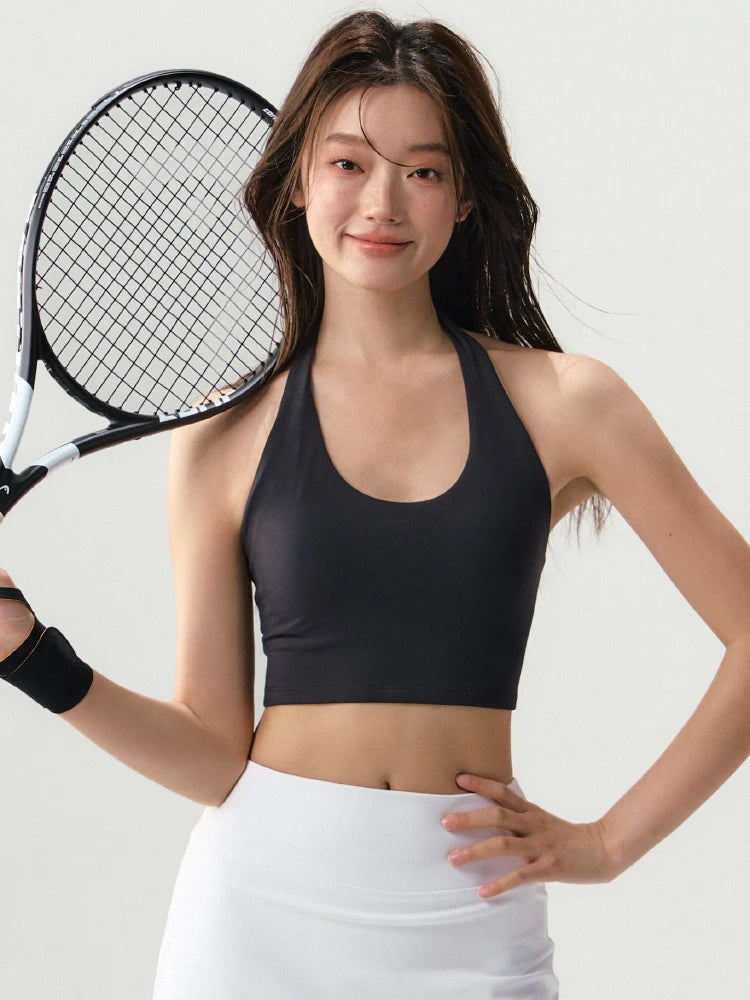 Women's Sexy Backless Padded Sports Bra Fixed chest pad Halter Neck Comfort Bare Navel Top Running Fitness Outdoor Sports Vest - ATFH