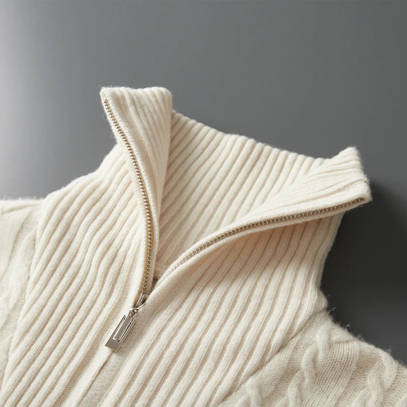 Thick Sweater Men 100% Wool Pullover Knitwear Half Ziper Turn-down Neck Knitted Top Casual Twist Flower Pure Wool Sweater - ATFH