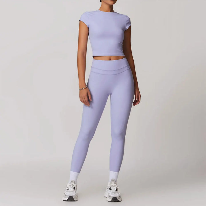 mikeyoga 2PCS Yoga Set Women Sportswear Workout Clothes Athletic Wear Gym Legging Fitness Bra Crop Top Short Sleeves Sports Suit - ATFH