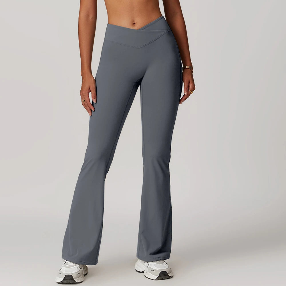 Gym Leggings Women High Waist Flared Pants Cross Waist Sport Tights Ladies Push Up Fitness Leggin Workout Clothes ATFH
