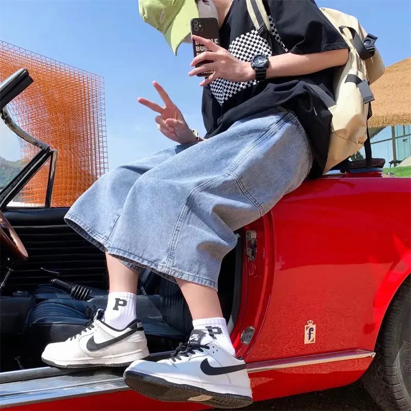jeans Pants men Summer Short Jeans Big-pockets Breeches Hip Hop Streetwear Baggy Denim Shorts Casual Wide-leg Capris Pants ATFH