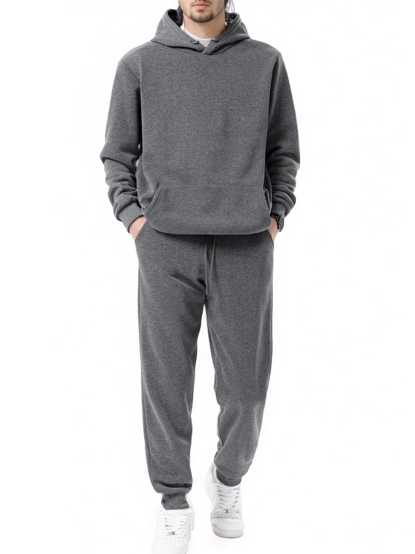 Men's Sports Suit Autumn and Winter Hoodie+pants 2-piece Set Fashionable Solid Color Casual Pullover and Pant Outdoor Sportswear - ATFH