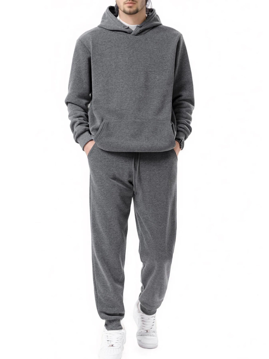 Men's Sports Suit Autumn and Winter Hoodie+pants 2-piece Set Fashionable Solid Color Casual Pullover and Pant Outdoor Sportswear - ATFH