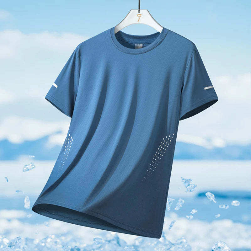 Running T-shirt Men Summer Ice Silk Thin Top Reflective Printing Quick Dry Short Sleeve Breathable Fitness Sports T-shirt 5XL ATFH