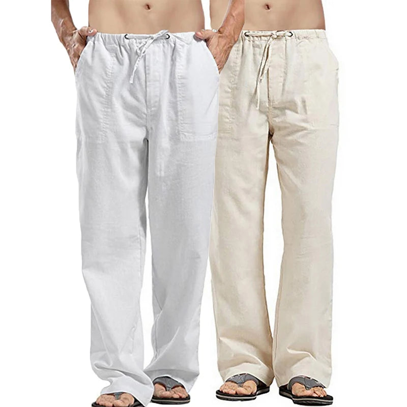 New Breathable Linen pants Mens 2-Pcs Summer Lightweight Cool Casual Pants Loose Drawstring Trousers Outdoor Work Classic Pants