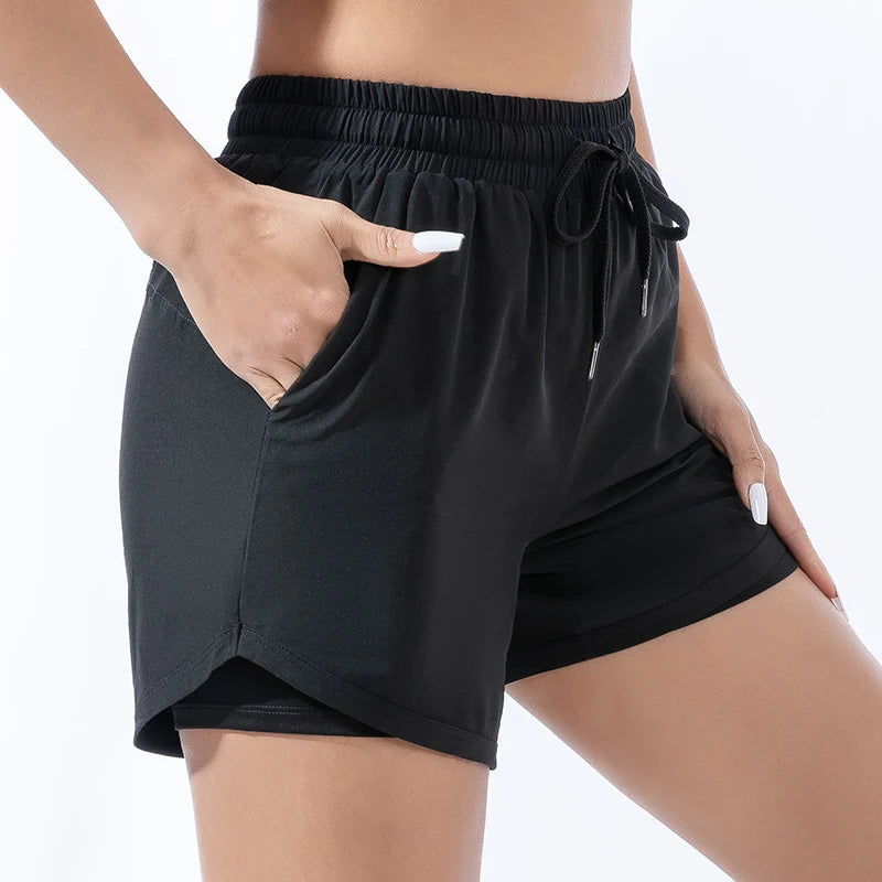 Loose sports shorts women's high-waisted double-layer anti-slip yoga fitness pants running fast dry training outside wearing hot Tahsi Fashion House