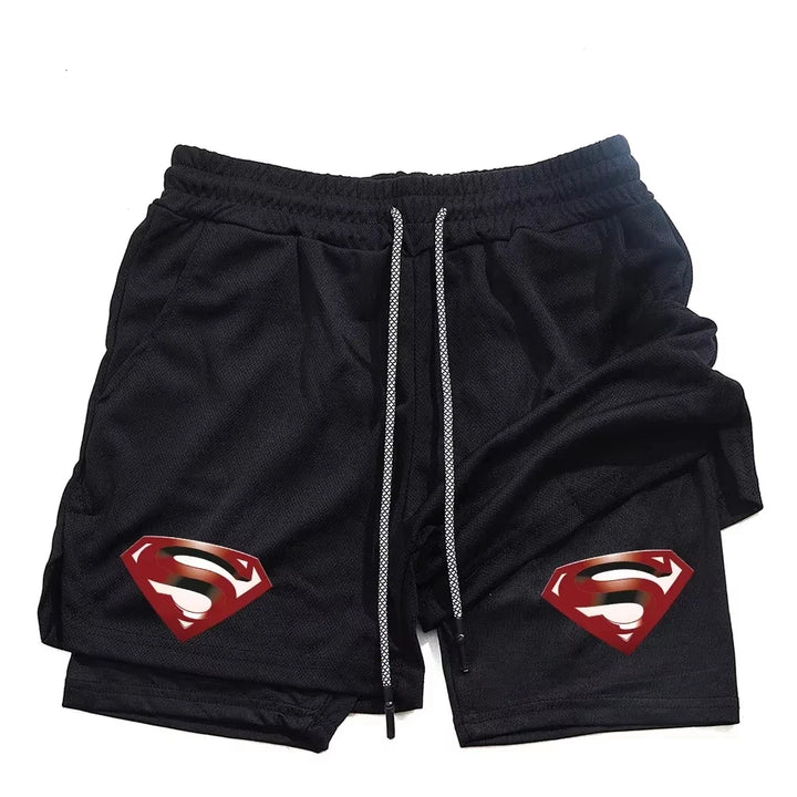 Superhero Print 2 in 1 Running Workout Sport Mesh Shorts Men Gym Performance with Phone Pocket Towel Loop Fitness Apparel