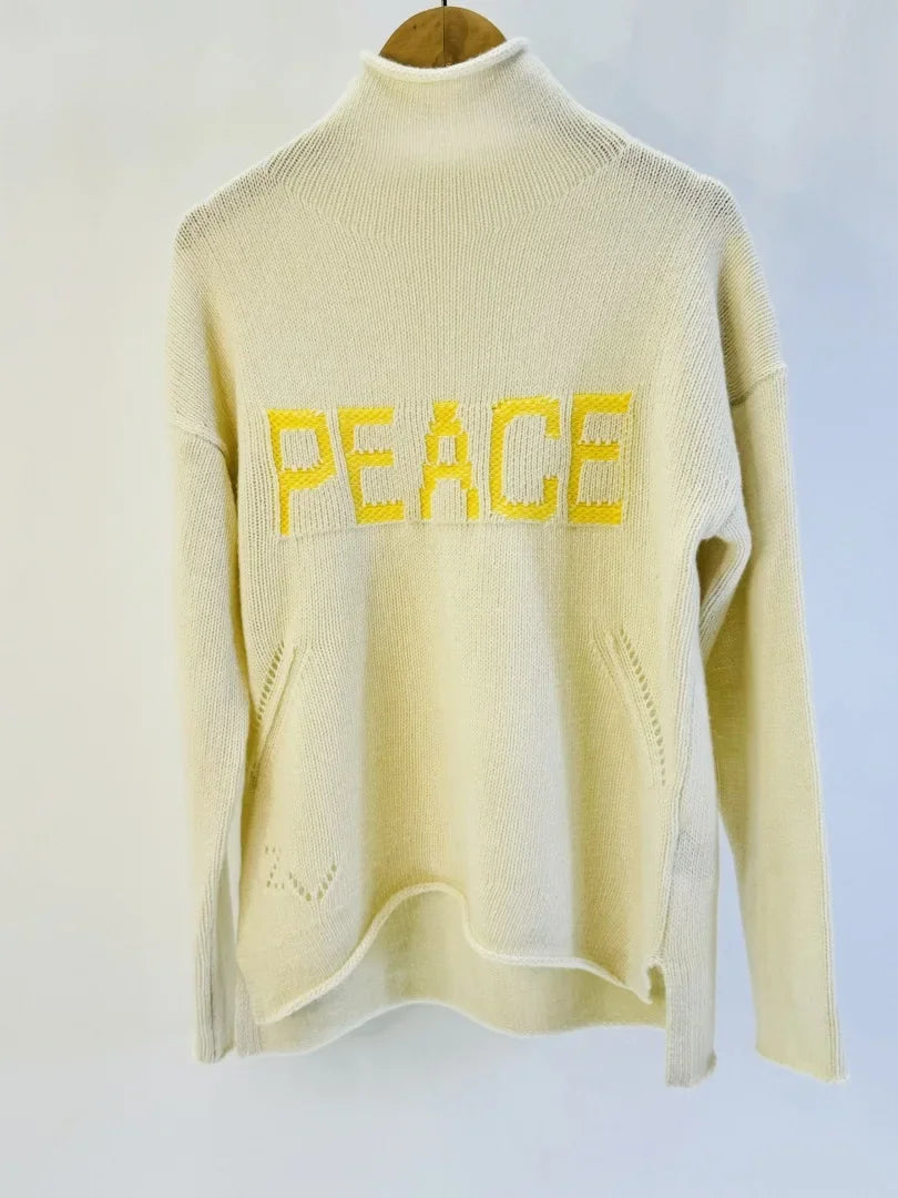 Women's Fashionable Versatile Letter High Neck Pullover Knitted Wool Sweater with Lazy Style Loose Top - ATFH