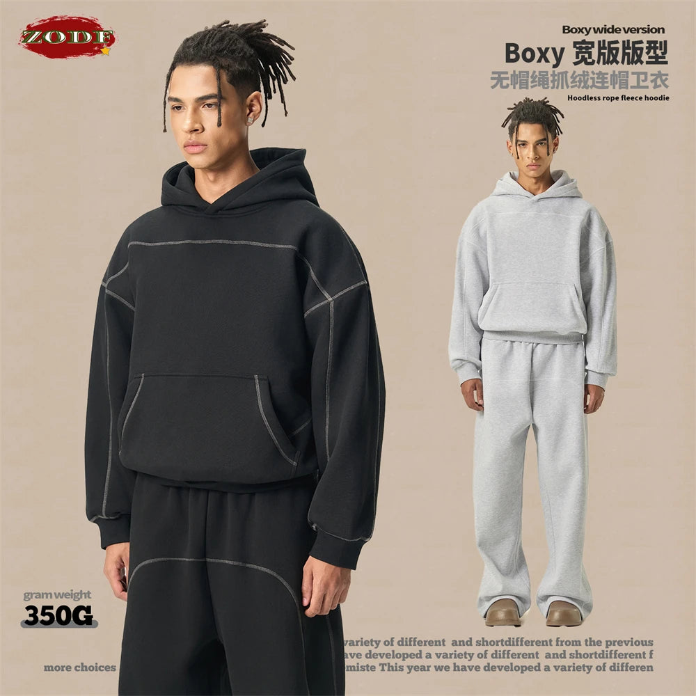ZODF Trendy Men 350gsm Fleece Loose Boxy Fit Hooded Hoodie Unisex Hip Hop Solid Warm Pullovers Coat For Winter HY0032 - ATFH