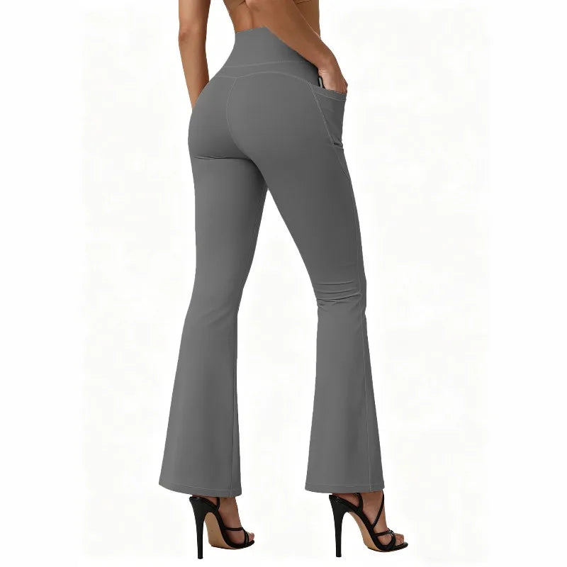 High Waisted Flared Yoga Leggings Women Butt Lifting with Pocket Design Wide Leg Leggings Running Tights Plus Size Gym Pants ATFH