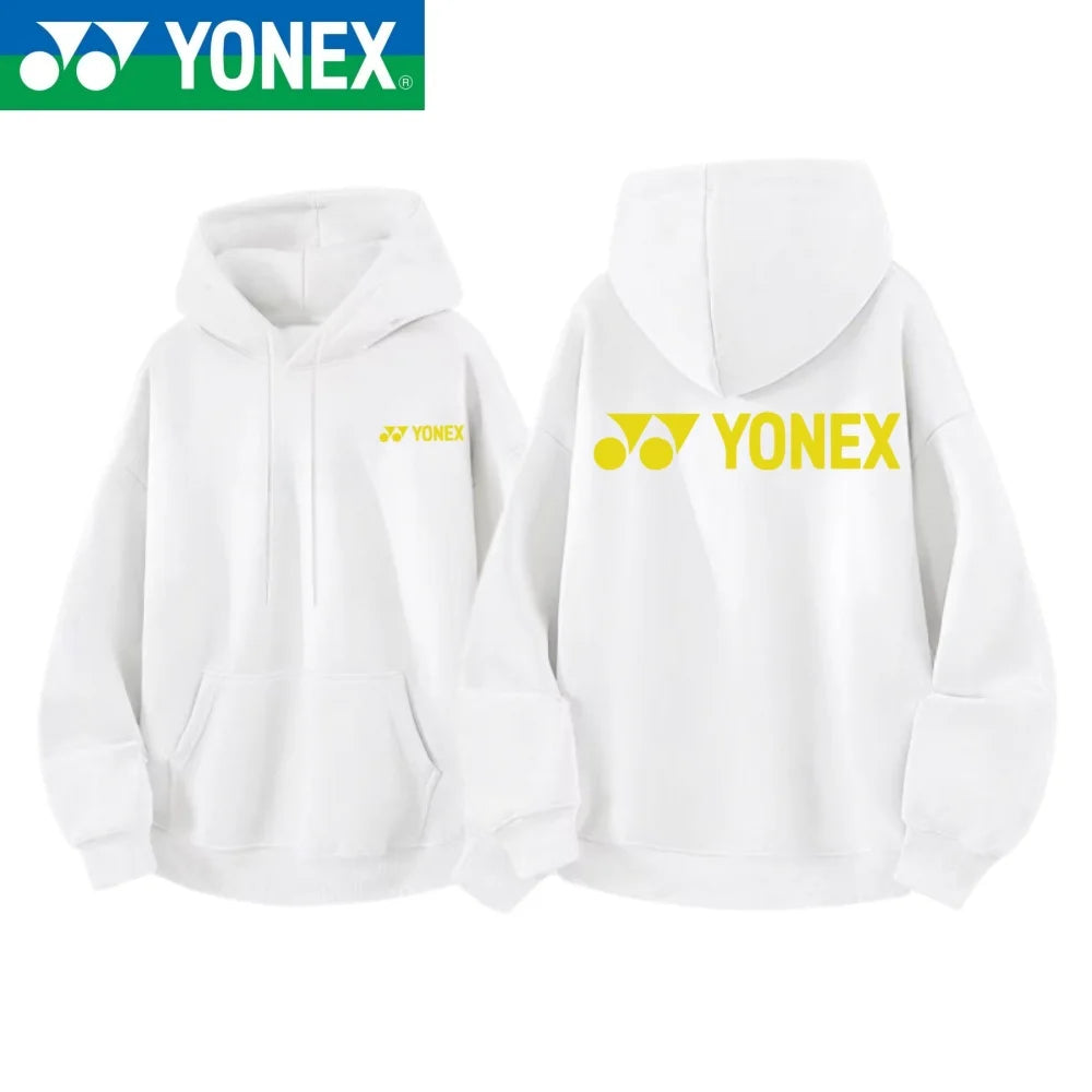 YONEX 2026 cotton hooded jacket with multi-color logos printed on the front and back, suitable for outdoor sports such as badmin
