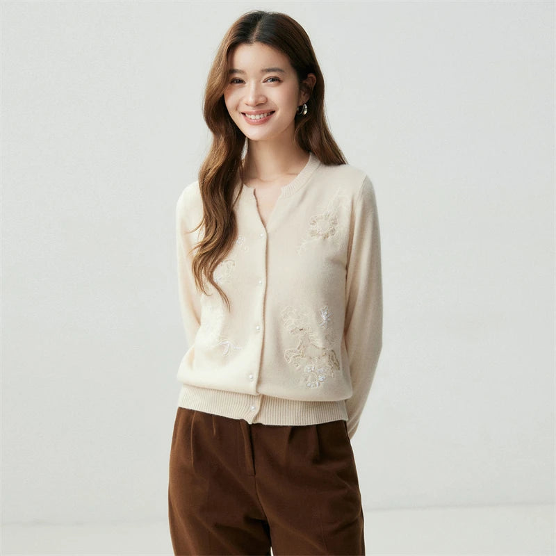 Delicate Notched Collar Autumn Winter Woman 100% Cashmere Mock-Neck Cardigan Knitwear Pearl Buttons Long Sleeve Ribbed Hem Tops