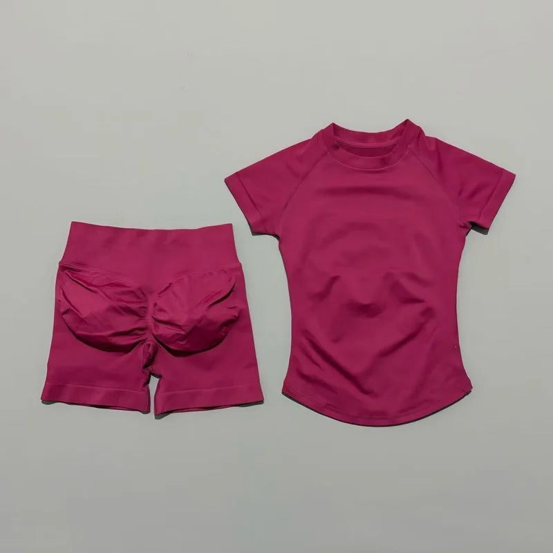 2 Piece Sports Set Women Gym Yoga Set Seamless Fitness Gym Clothes Sportswear Short Sleeve Top Sports Short Leggings Suit - ATFH