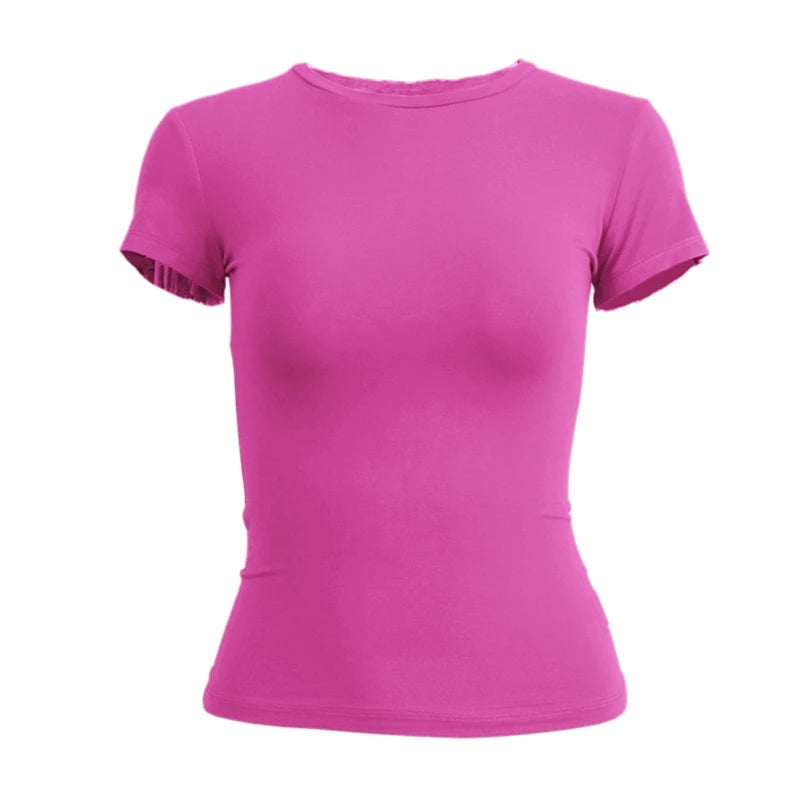 Woman Clothing Short Sleeve T-shirt Slim Fit Tops Female O-Neck Knitted Sheath Tee Shirt Street Wear Sex Sporty 2024 Y2K New2410 - ATFH