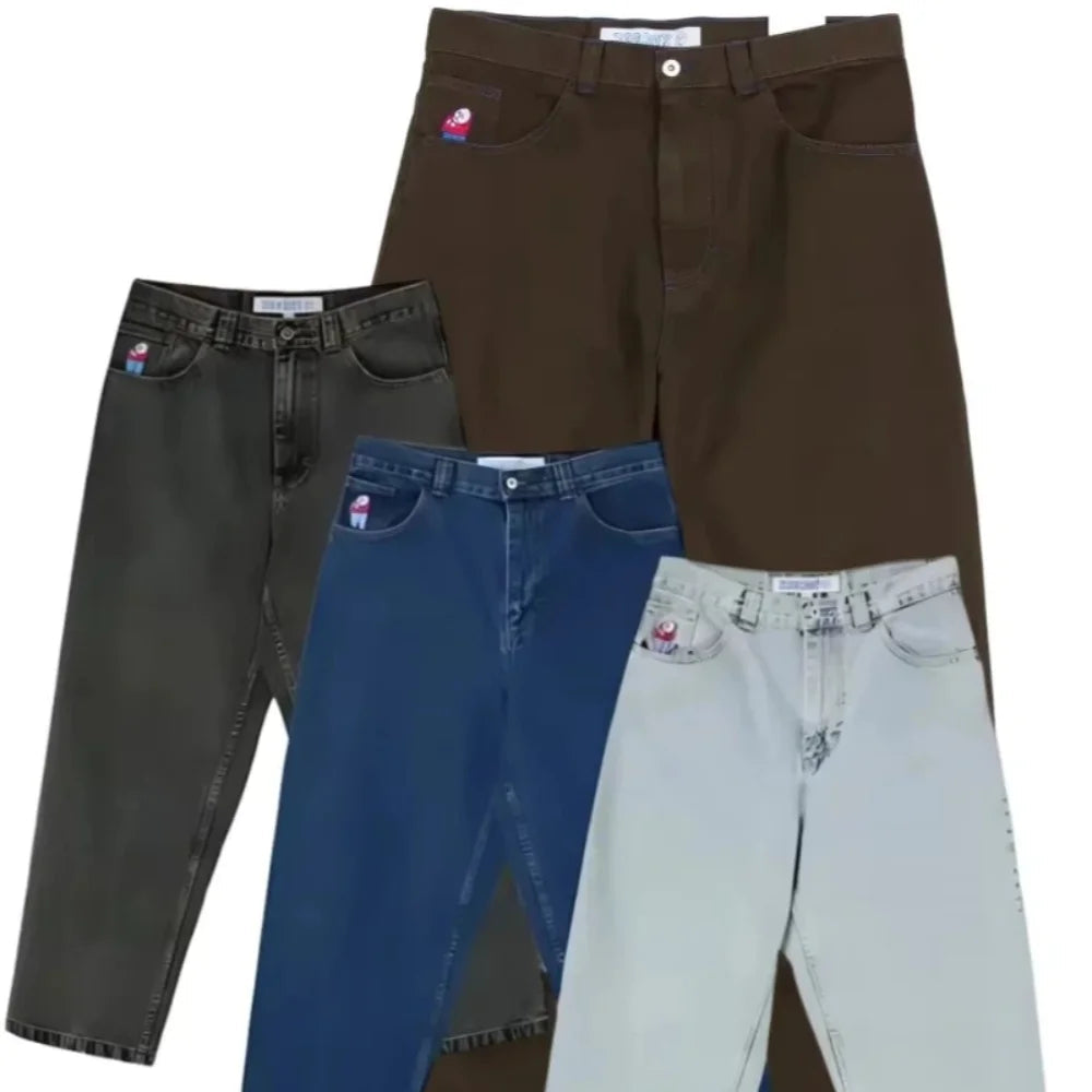 Hip Hop Retro Blue Cartoon Embroidery Jeans for men Gothic Baggy Streetwear Polar Big Boy Jeans Mens Fashion Wide Leg Trouser ATFH