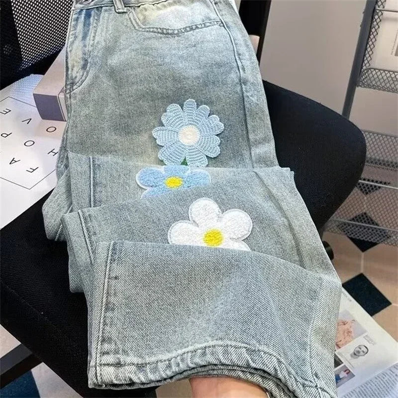 Y2K Vintage Flower Embroidered Jeans For Men High Street Baggy Straight Wide Leg Denim Pants Autumn Design Hip Hop Fashion Jean ATFH