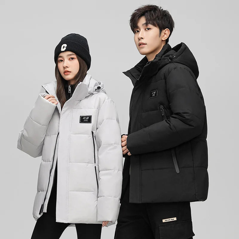 Couples Winter Outdoor Hiking Windproof Warm Fashion Trend Casual Hooded Jacket Solid Color White Duck Down Down Jacket