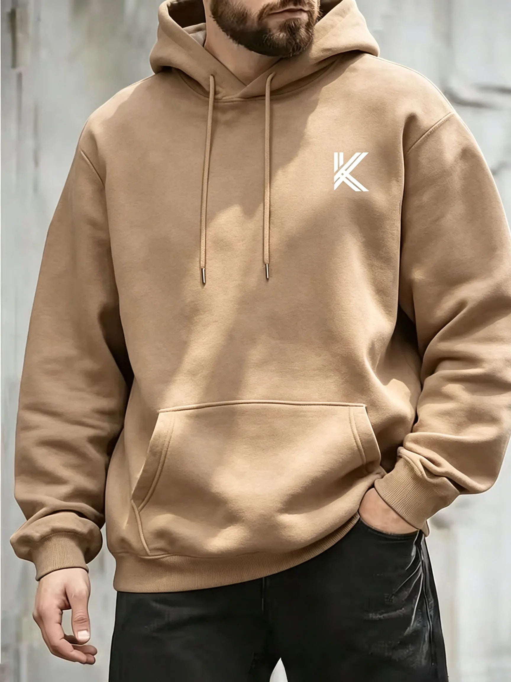 Autumn Winter Men Women Loose Hooded Sweatshirt Simple K Letter Chest Print Long Sleeve Pocket Hoodie Daily Streetwear Pullover