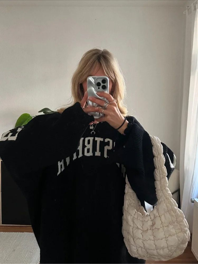 Women's Letter Printing Knit Sweater Fashion O-neck Distressed Hem Oversized Pullover Lady 2025 Autumn Casual Streetwear Tops - ATFH