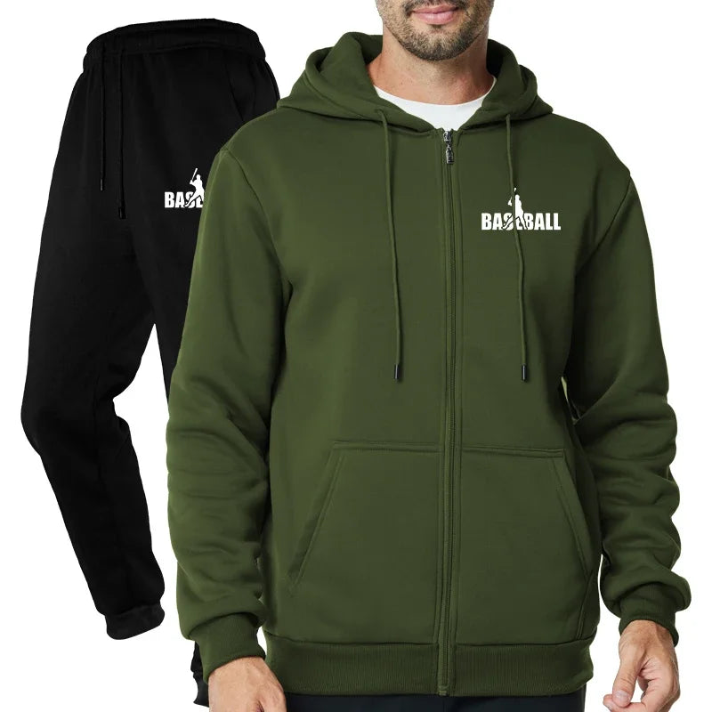 2025 Autumn and Winter New European and American Casual Zipper Sports Hat Set Fleece Solid Color Pants with Sweater for Men - ATFH