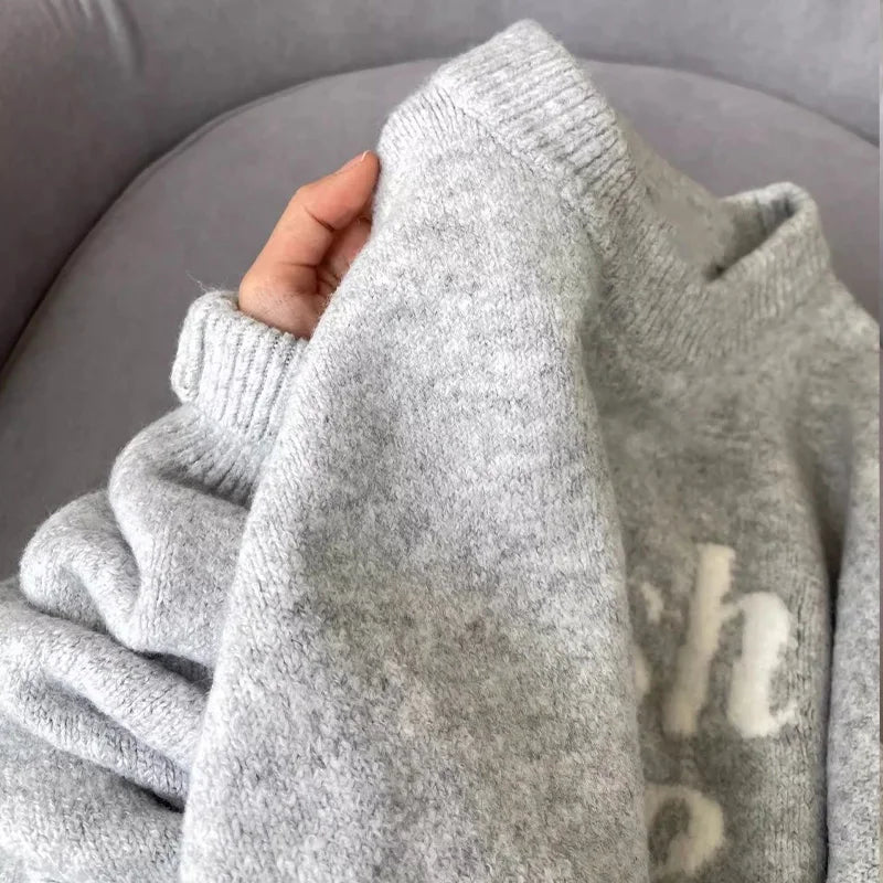American Retro Letter Jacquard Gray Pullover Sweater for Women Autumn Winter Loose Soft Warm Street Knitted Top Women's Clothing - ATFH
