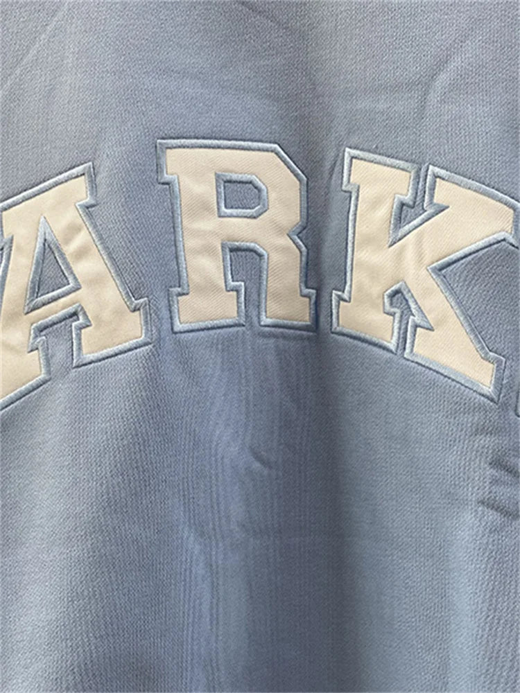 Letters Patch Embroidery Women Blue Sweatshirts Long Sleeve Vintage Female Stand Collar Pullover Casual Ladies Sports Top - ATFH