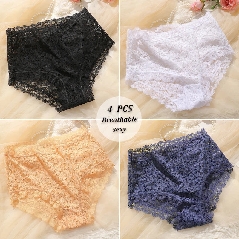 4PCS/SET See Through Lace Panties Women High Waist Full Hip Breathable Underwear Multi Color Skin-Friendly Intimate Lingerie New