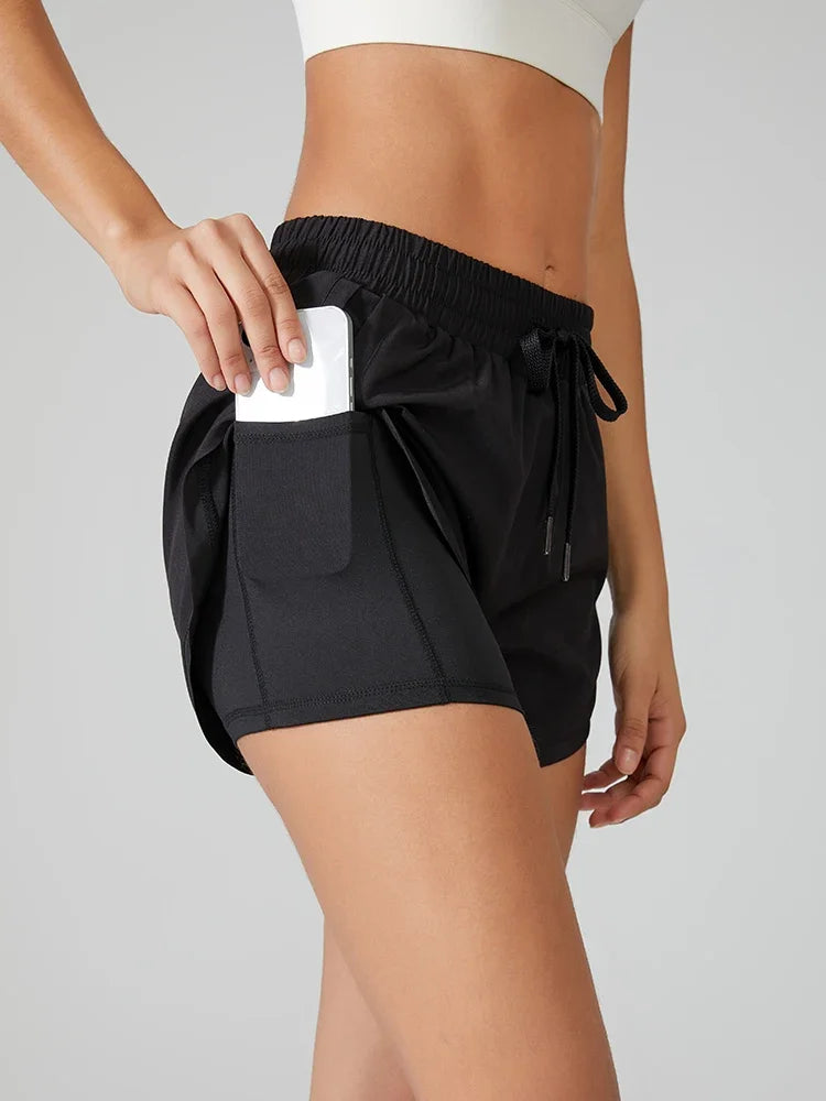 Women's High Elasticity Loose Sports Shorts Double Layer Anti Slip Double Layer Side Pockets Leisure Fitness Outside Yoga Shorts Tahsi Fashion House