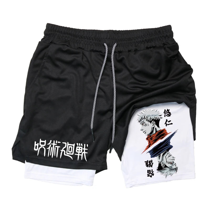 Anime Graphic 2 in 1 Compression Shorts for Men GymQuick Dry Activewear Workout Running with Phone Pockets Athletic