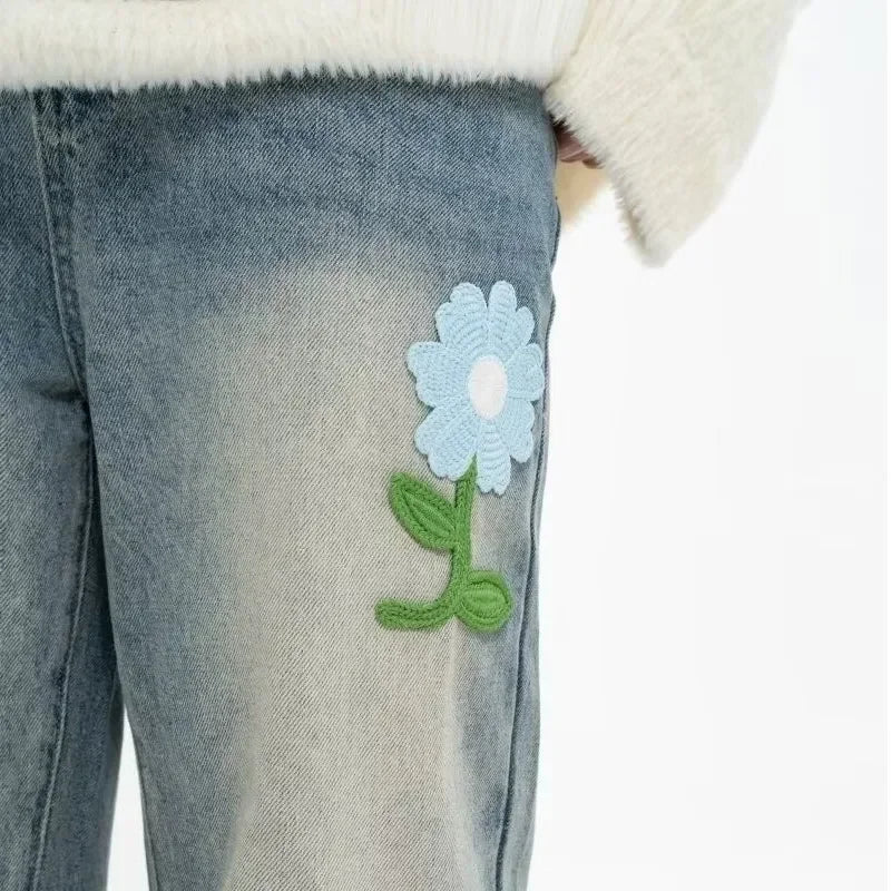 Y2K Vintage Flower Embroidered Jeans For Men High Street Baggy Straight Wide Leg Denim Pants Autumn Design Hip Hop Fashion Jean ATFH