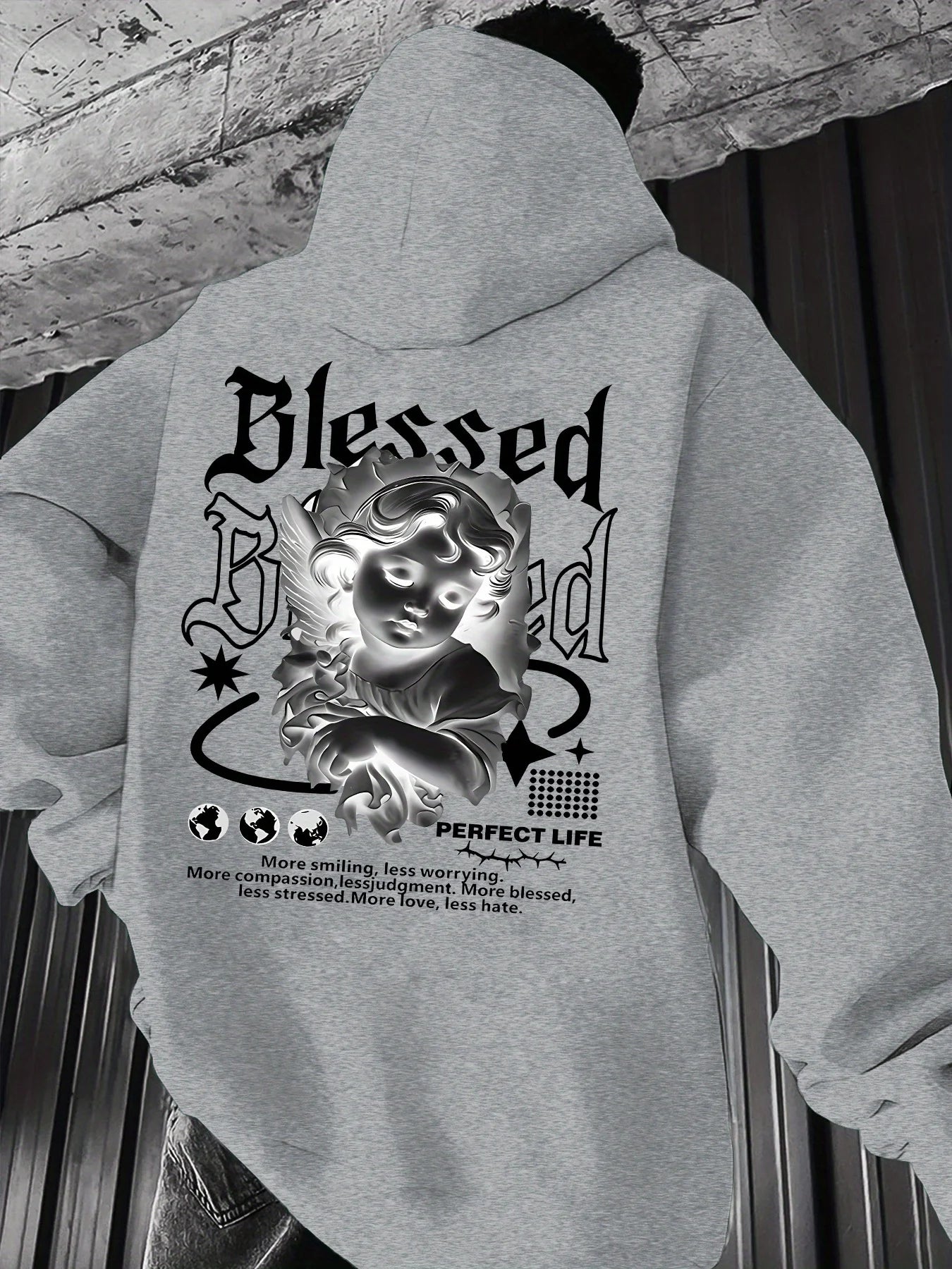 Men's Aesthetic Angel Hoodie Hip Hop Sports Streetwear Blessed Vintage Cherub Print Casual Loose Pullover Sweatshirt Tops