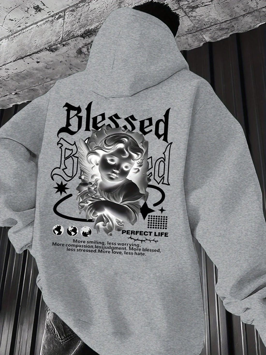 Men's Aesthetic Angel Hoodie Hip Hop Sports Streetwear Blessed Vintage Cherub Print Casual Loose Pullover Sweatshirt Tops