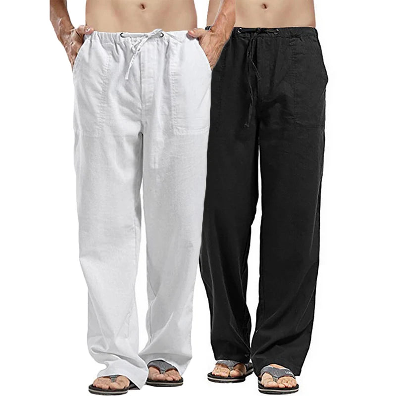 New Breathable Linen pants Mens 2-Pcs Summer Lightweight Cool Casual Pants Loose Drawstring Trousers Outdoor Work Classic Pants
