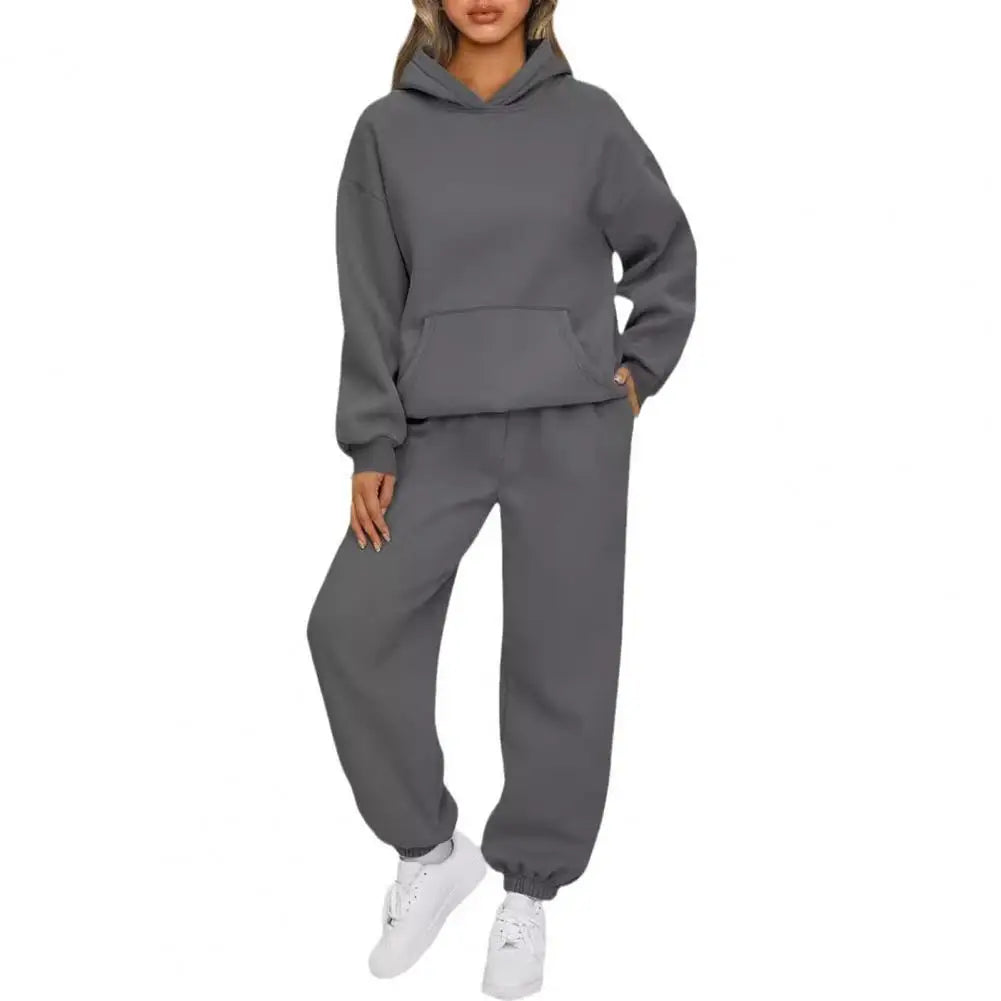 Women's Tracksuit Suit Winter Fashion Warm Hoodie Sweatshirts Two Pieces Oversized Solid Casual Hoody Pullovers Long Pant Sets