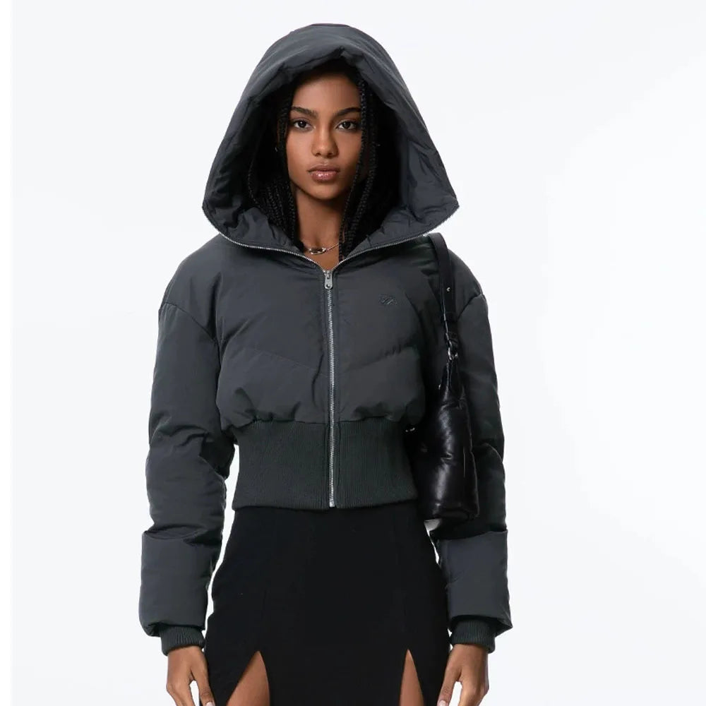 Women Hooded Puffer Jackets Streewear High Waist Warm Bubble Coats Slim Puffer Jacket Parkas Zipper Cropped Down Parkas New Lady ATFH