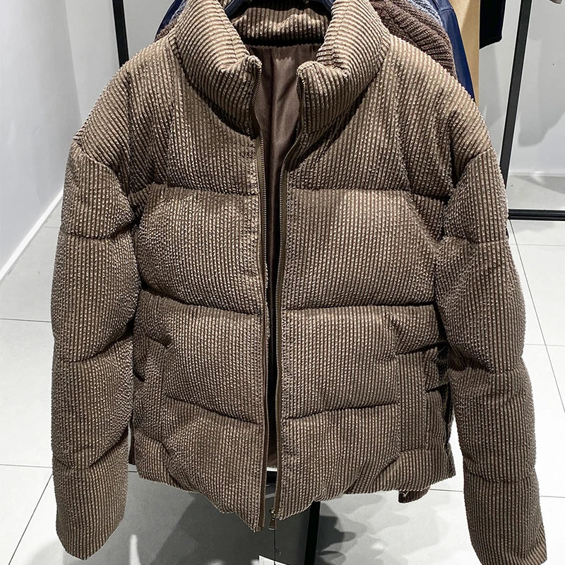 Retro Corduroy Stand up Collar Loose Thicken Cotton Jacket for Men Winter ATFH
