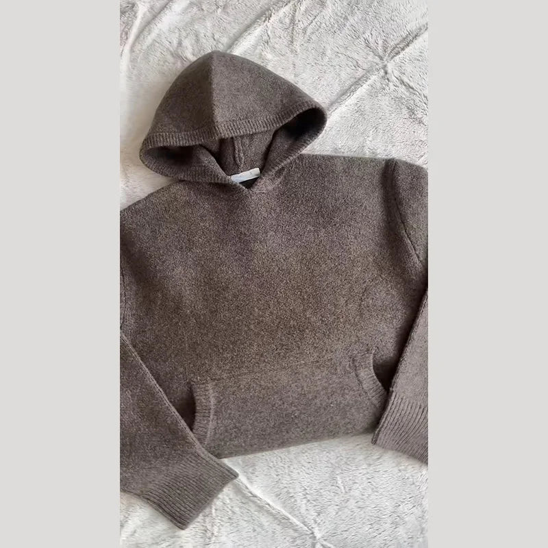 Casual Knitted Women's Sweater Hooded Solid Loose Pocket Lady Sweaters 2025 New Autumn Winter Fashion Female Street Outwears - ATFH
