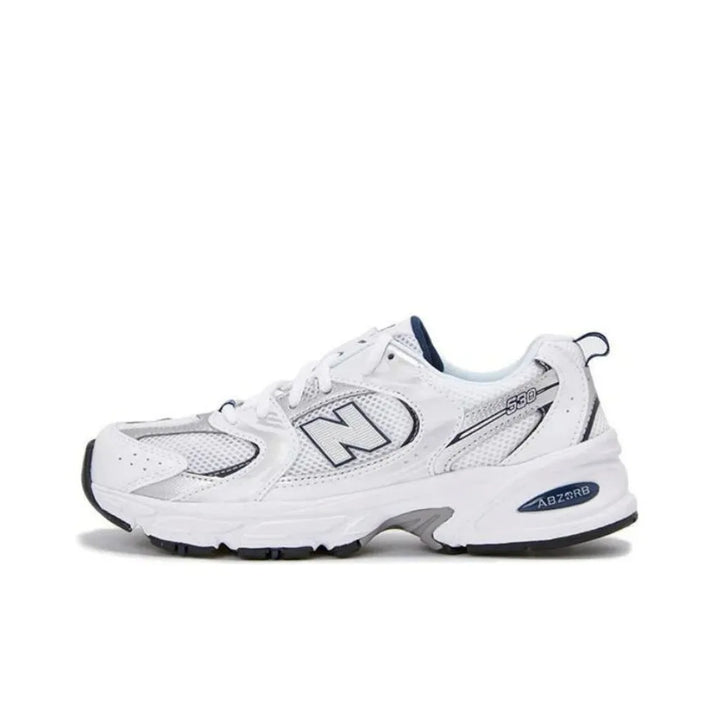 New Balance NB 530 women's white low-top sneakers with navy accents and cushioned midsole