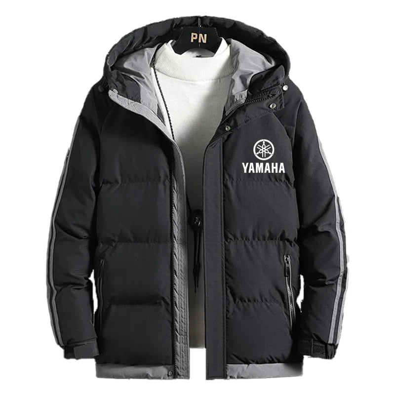Yamaha's new men's hooded thick winter warm-up cotton coat for outdoor fashion, casual and sporty wear with zipper. Men's coat.