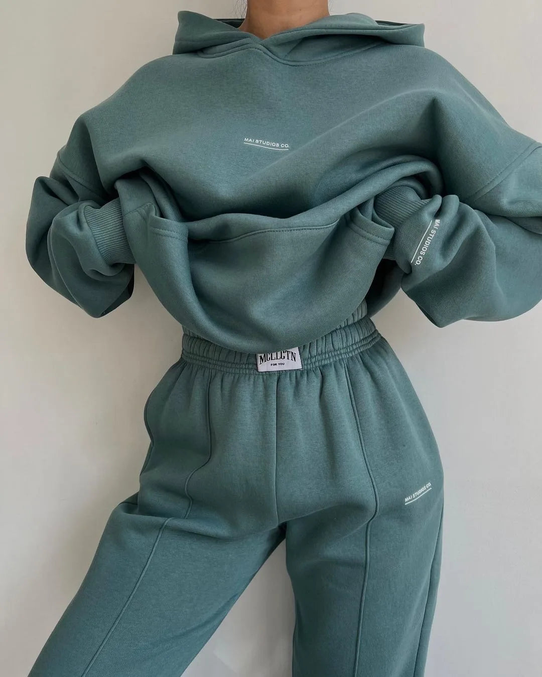 Hot Selling European and American Autumn Winter New Fashion Solid Color Hooded Hoodie Casual Two Piece Set ATFH