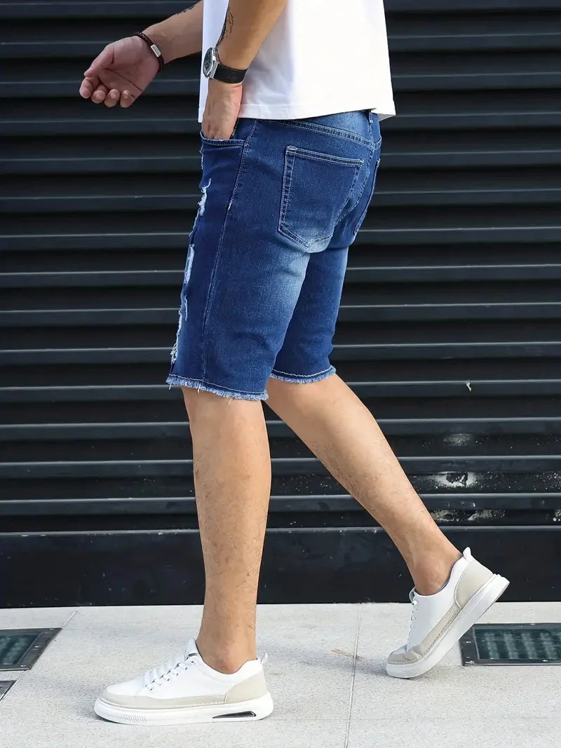 Summer Ripped Jeans Men Stretch Denim Shorts Male Short Jeans Slim Straight Shorts Fashion Black Jeans Man Clothes Streetwear ATFH