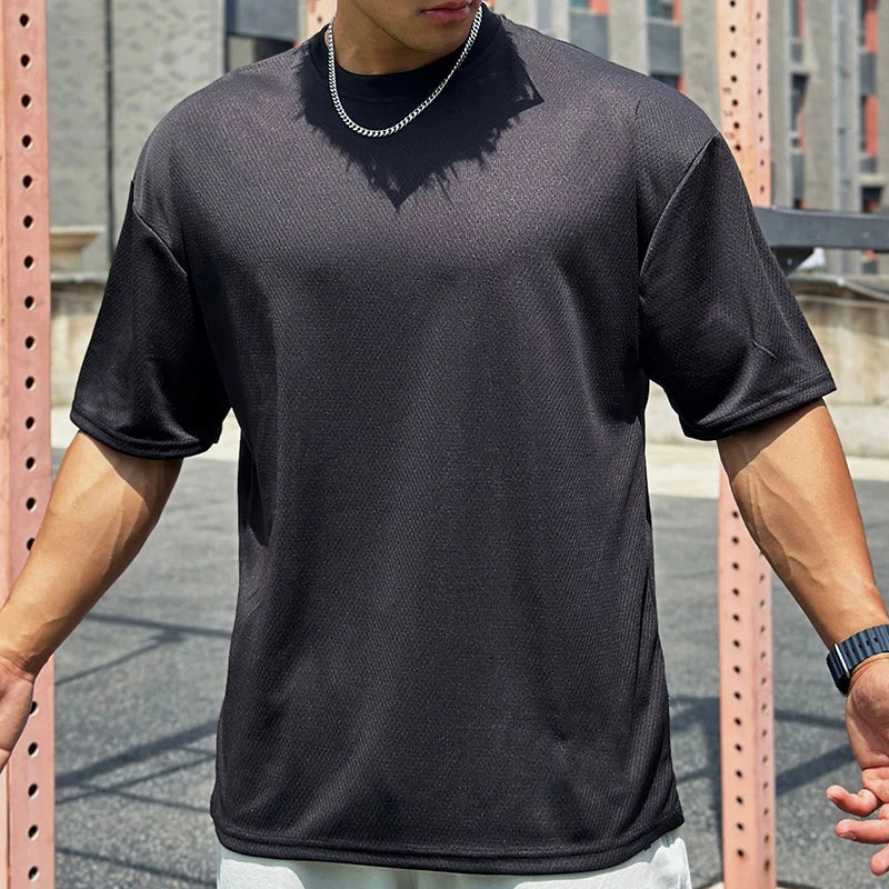 Plain Oversized Loose Mens Casual T-shirts Gym Bodybuilding Fitness Short Sleeves Tops Summer Mesh Breathable Quick Dry Shirts ATFH