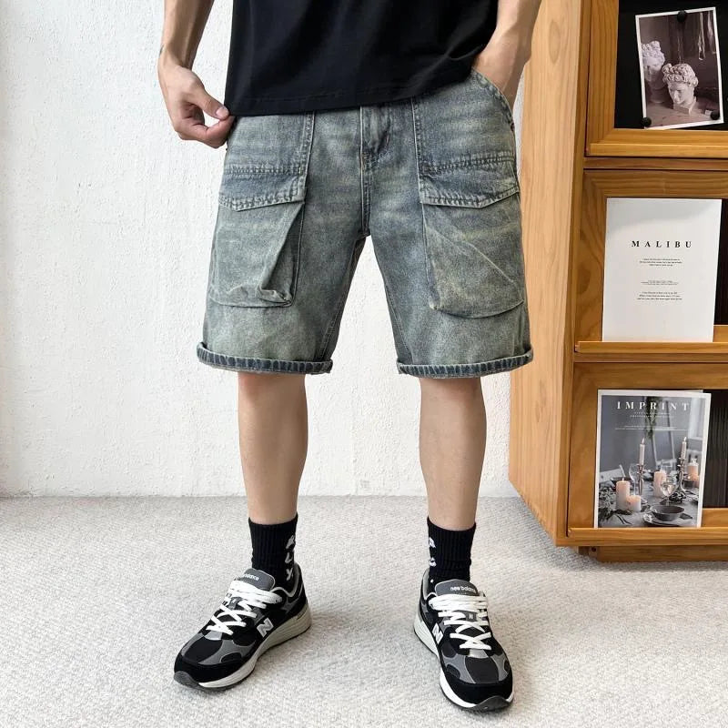 Summer New Fashion Solid Color American Retro Straight Leg Multi-Pocket Denim Shorts Men's Casual Loose Sports High-Grade Shorts ATFH