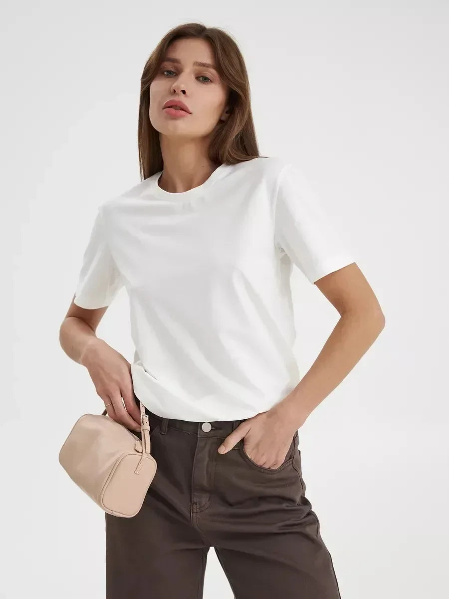 Sumuyoo Summer 100% Cotton Women's T-shirt Bottoming Basic Fashionable Lady Short Sleeve Loose Tops Shirts Solid 230g/㎡ Tops - ATFH
