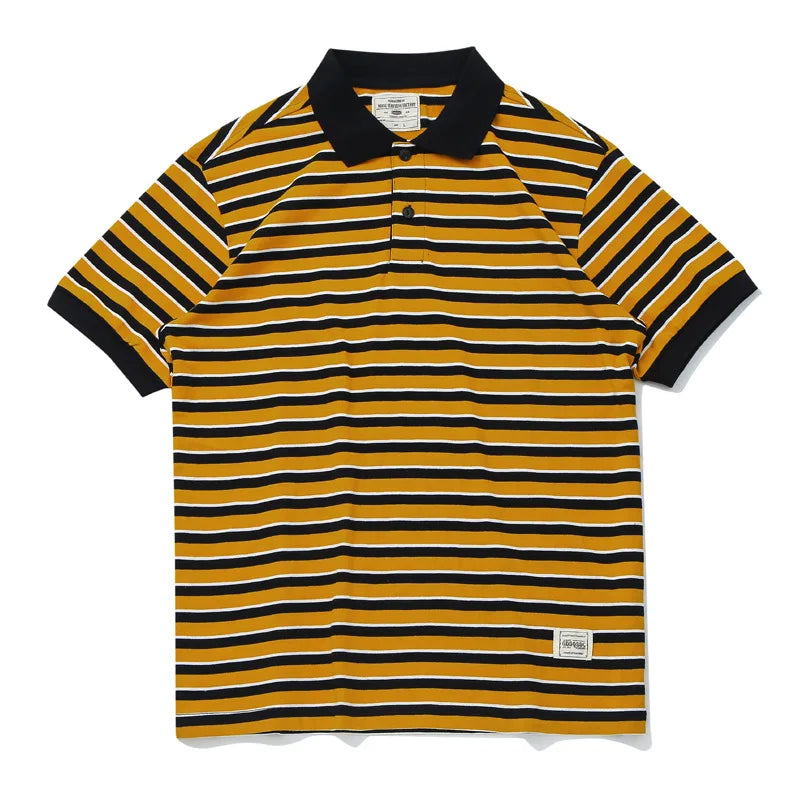 Summer Lapel T-shirt Amekaji Retro Breton Stripe Shirt Pure Cotton Short Sleeve Striped Men's Polo Shirt American Vintage Casual