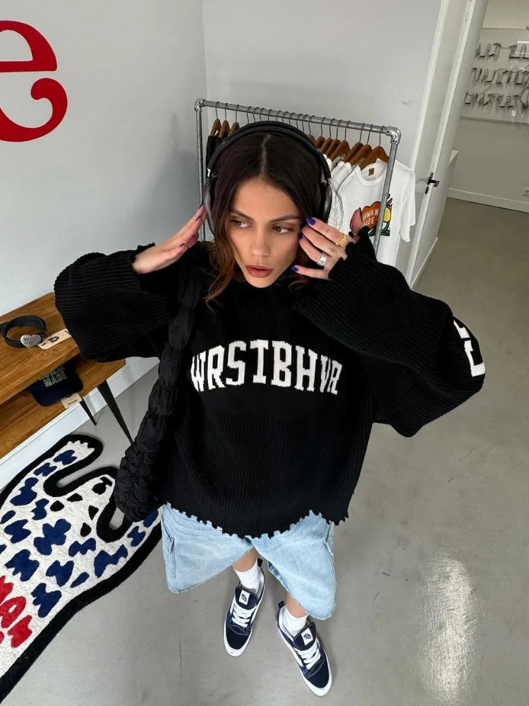 Women's Letter Printing Knit Sweater Fashion O-neck Distressed Hem Oversized Pullover Lady 2025 Autumn Casual Streetwear Tops - ATFH