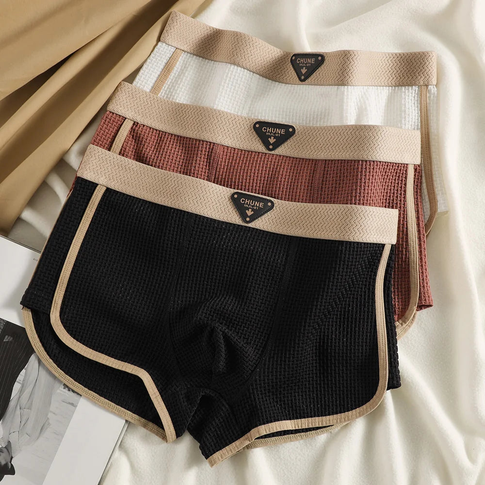 3PCS/Pack Fashion Ice Silk Knitted Plaid Boxers Breathable Comfort Mesh Crotch Underpants Super Soft High Elastic Men's Panties