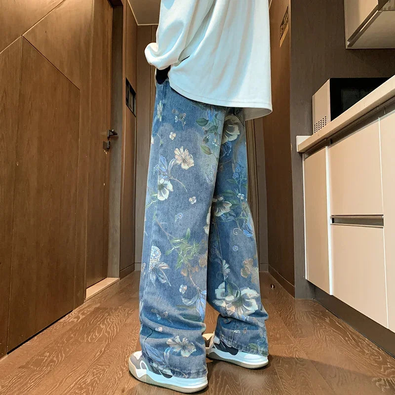 Autumn Floral Printed Jeans For Men 2024 New Y2K Vintage Denim Pants Hip Hop Fashion Wide-leg Baggy Jean Streetwear Trousers ATFH