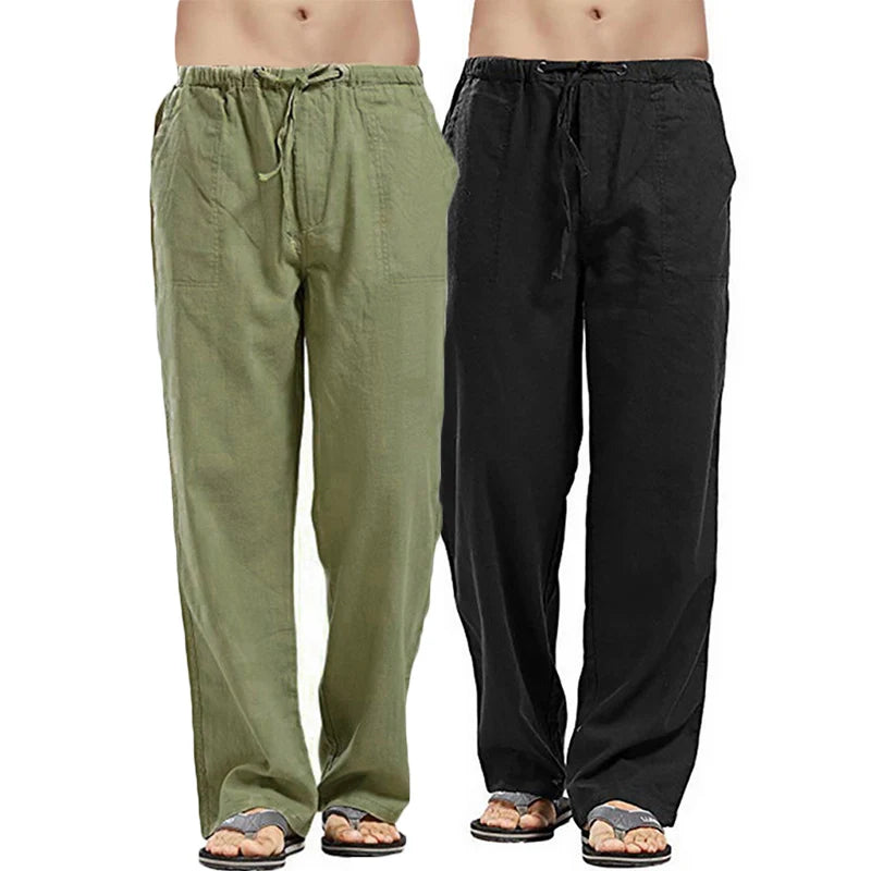 New Breathable Linen pants Mens 2-Pcs Summer Lightweight Cool Casual Pants Loose Drawstring Trousers Outdoor Work Classic Pants